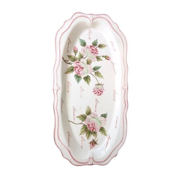 Seymour Mann Hand Painted Love Floral Rose Pink Edge Serving Tray Appx 17.5 x 8. - Picture 2 of 14